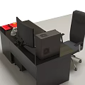 Black Office Desk And Chair Set With Computer Monitor CPU And Modern Design