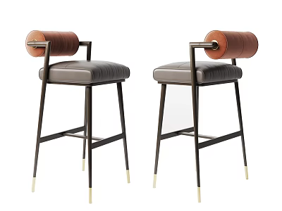 Modern Bar Stools With Leather Seats Wooden Armrests And Metal Legs With Gold Accents 3d model