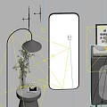 Living Room With Black Framed Mirror Dark Cabinet Books Vase Green Plant And Wall Art