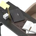 Dark Wood Desk Setup With Modern Lamp Leather Notebook Open Book And Beige Chair