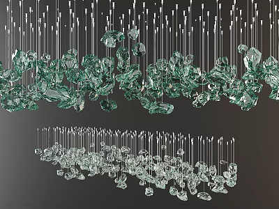 Modern Chandelier With Green And Clear Irregular Glass Pieces Suspended By Thin Rods 3d model
