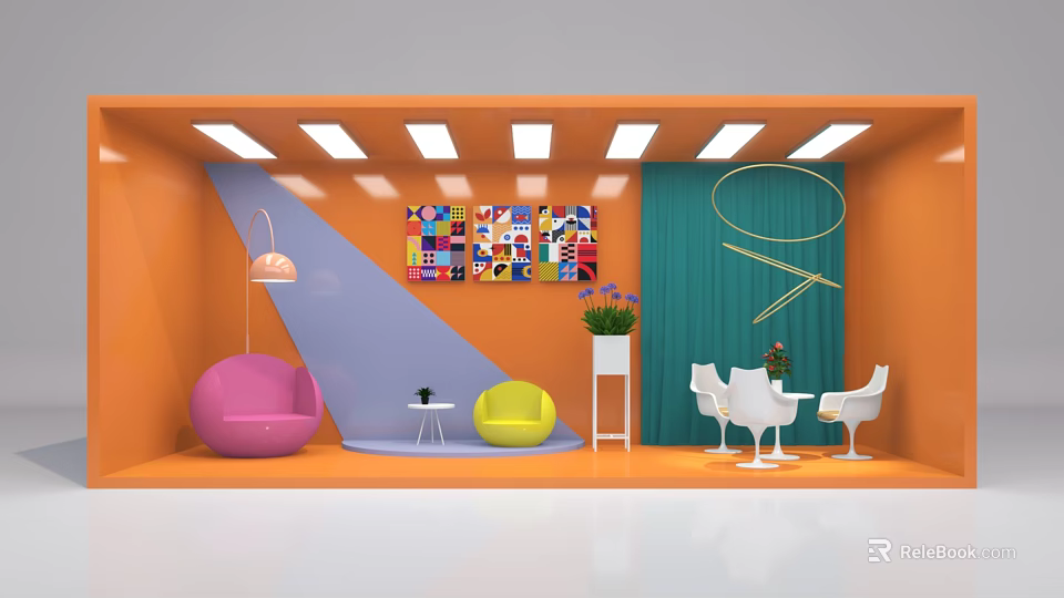 Vibrant Interior With Orange Walls Colorful Abstract Art Pink Yellow Chairs White Table Green Curtains 3d model 