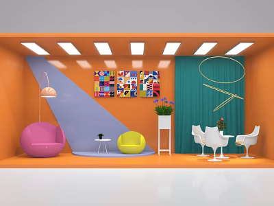 Vibrant Interior With Orange Walls Colorful Abstract Art Pink Yellow Chairs White Table Green Curtains 3d model