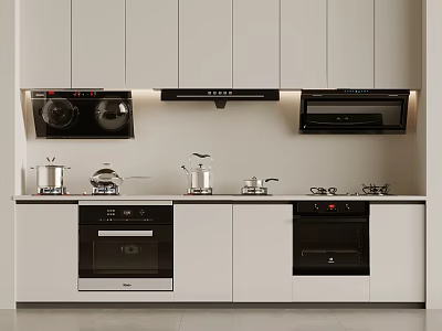 Modern Kitchen Appliances In White Cabinets With Black Ovens Range Hoods And Cookware 3d model