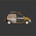 Rusty Small Car With Yellow Black Stripes Roof Rack Luggage And Silver Wheels