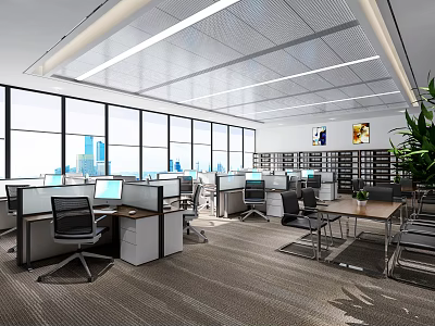 Modern Public Office Space Interior With Desks Computers Large Windows City View And Green Plants 3d model