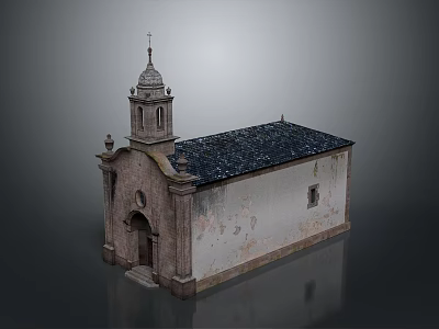 Traditional Church Building With Steeple Cross Black Tiled Roof And Arched Stone Doorway 3d model