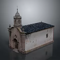 Traditional Church Building With Steeple Cross Black Tiled Roof And Arched Stone Doorway
