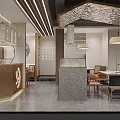 Modern Hotpot Restaurant Interior With Wooden Partition Seating Hanging Lamps Large Windows And Tree Views