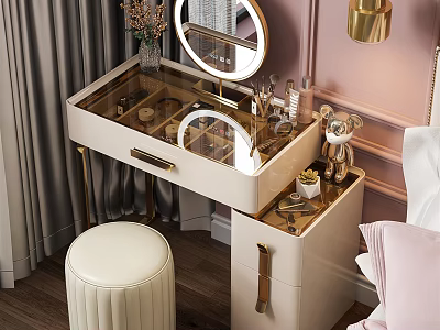Modern Dressing Table With Round Mirror Gold Accents White Countertop And Stool 3d model