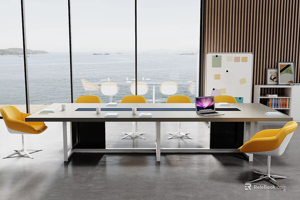 Elegant Conference Table Setup With Yellow Chairs Laptop Whiteboard And Sea View Through Large Windows 3d model 