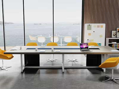 Elegant Conference Table Setup With Yellow Chairs Laptop Whiteboard And Sea View Through Large Windows 3d model