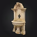 Classical Stone Washbasin With Ornate Carved Design Arched Top And Black Faucet
