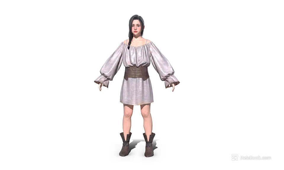 Child Wearing Off Shoulder Long Sleeve Dress With Brown Belt And Brown Boots 3d model 