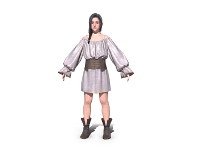 Child Wearing Off Shoulder Long Sleeve Dress With Brown Belt And Brown Boots 3d model