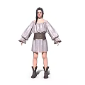 Child Wearing Off Shoulder Long Sleeve Dress With Brown Belt And Brown Boots