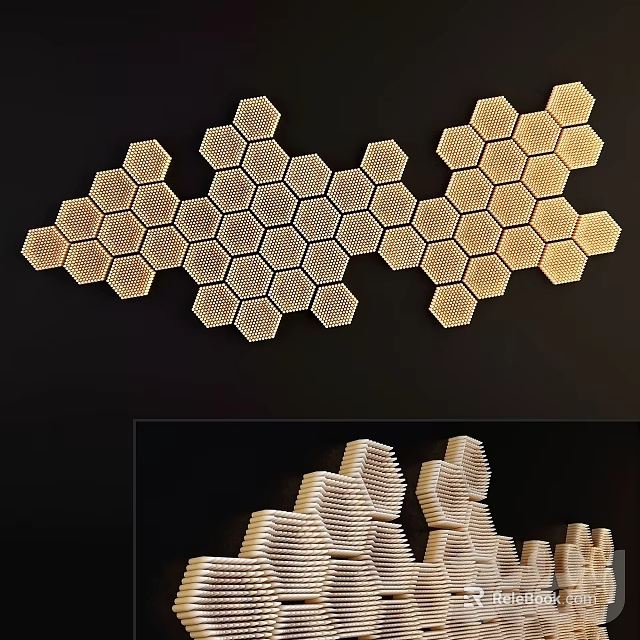 Modern Hexagonal Honeycomb Wall Decor With Golden Metallic Pattern On Dark Background 3d model 