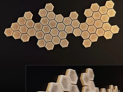 Modern Hexagonal Honeycomb Wall Decor With Golden Metallic Pattern On Dark Background 3d model