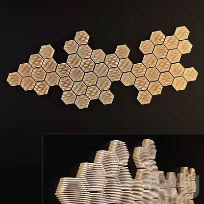 Modern Hexagonal Honeycomb Wall Decor With Golden Metallic Pattern On Dark Background 3d model