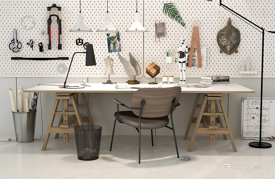 Modern Home Office Desk With Perforated Wall Panel Pendant Lights And Decorative Items 3d model 