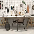 Modern Home Office Desk With Perforated Wall Panel Pendant Lights And Decorative Items