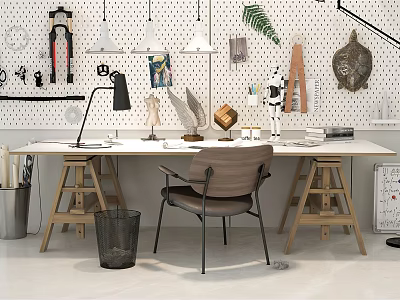 Modern Home Office Desk With Perforated Wall Panel Pendant Lights And Decorative Items 3d model