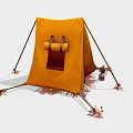 Orange Camping Tent With Door Rolled Blanket Small Kettle Pegs And Ropes On Leafy Ground