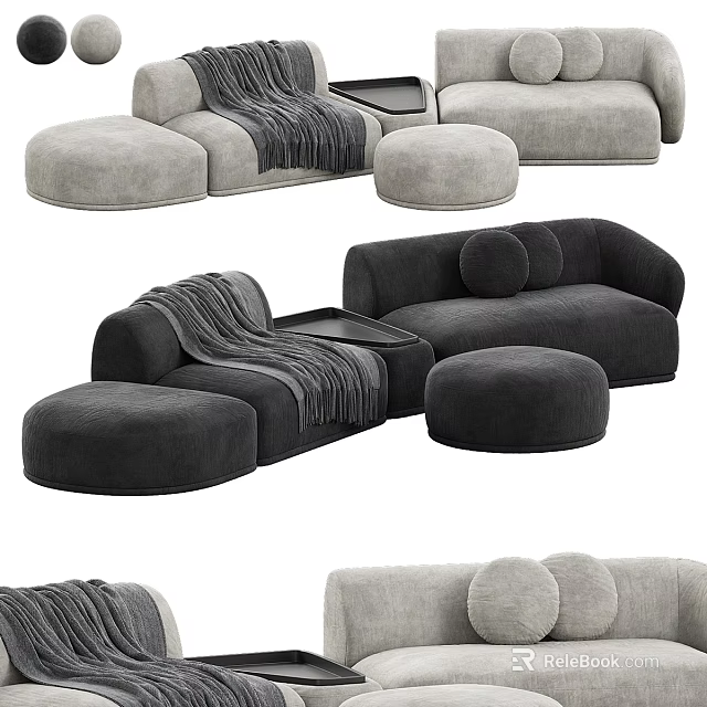 Modern Multi Seat Sofa With Soft Upholstery Ottoman And Throw Pillows In Living Room Interior 3d model 