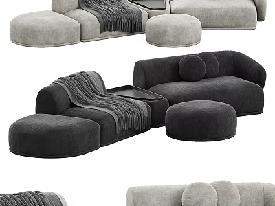 Modern Multi Seat Sofa With Soft Upholstery Ottoman And Throw Pillows In Living Room Interior 3d model
