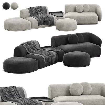Modern Multi Seat Sofa With Soft Upholstery Ottoman And Throw Pillows In Living Room Interior 3d model
