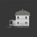 White House With Gray Roof Red Chimney Blue Stairs Porch Windows And Stone Base