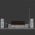 Classic Outdoor Bench With Trash Can Street Lamp Iron Fence And Brick Pavement