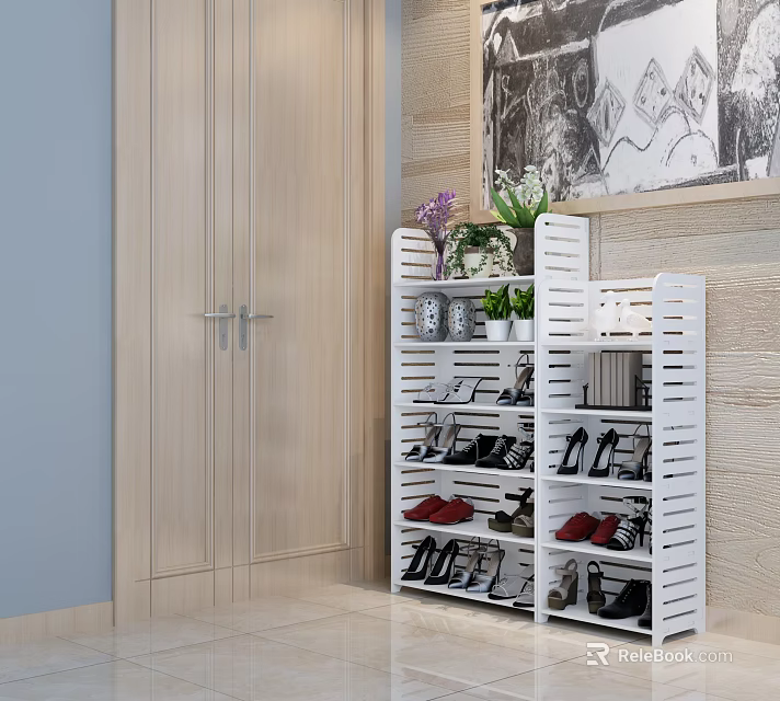White Multi tiered Shoe Cabinet With Shoes Plants And Decorations In Living Room 3d model 