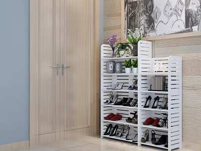 White Multi tiered Shoe Cabinet With Shoes Plants And Decorations In Living Room 3d model