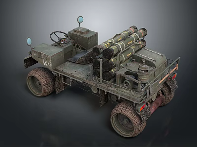 Vintage Military Truck With Missile Launchers Muddy Tires And Multiple Wheels 3d model