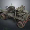 Vintage Military Truck With Missile Launchers Muddy Tires And Multiple Wheels
