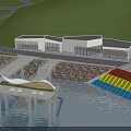 Aerial Planning of Waterfront Modern Buildings with Stone Wall Colorful Platform and Green Area