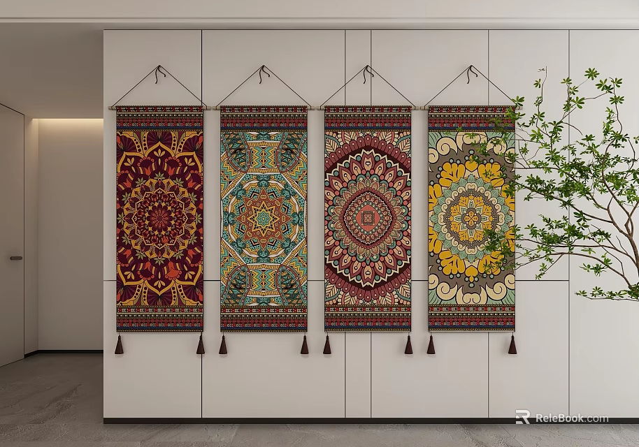 Colorful Abstract Mandala Tapestry Artworks Hanging On White Wall For Home Decor 3d model 