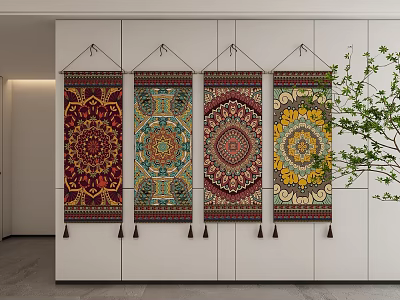 Colorful Abstract Mandala Tapestry Artworks Hanging On White Wall For Home Decor 3d model