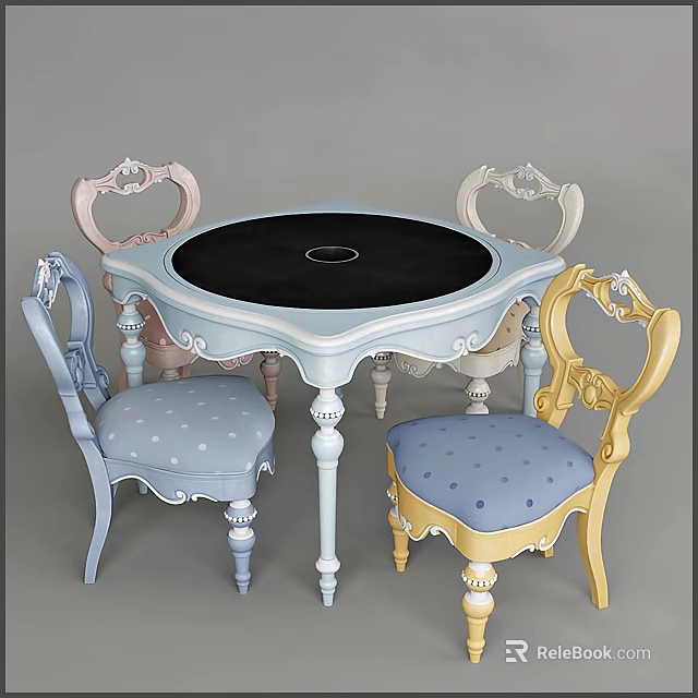 Elegant Carved Dining Table Set With Round Black Tabletop And Colorful Polka Dot Cushion Chairs 3d model 