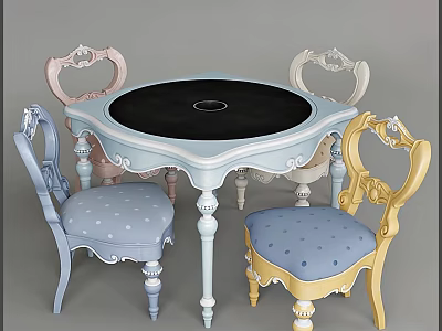 Elegant Carved Dining Table Set With Round Black Tabletop And Colorful Polka Dot Cushion Chairs 3d model