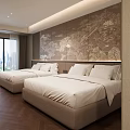 Elegant Modern Hotel Guest Room With Double Beds Working Area And Beautiful Panoramic City View
