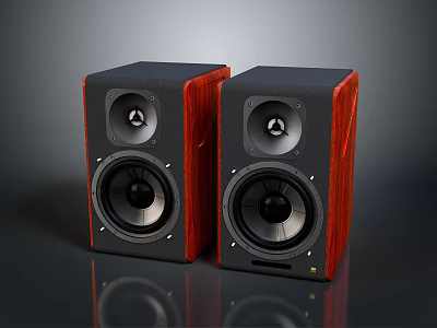 Modern Bookshelf Speakers With Red Wooden Finish And Black Speaker Cones On Reflective Surface 3d model