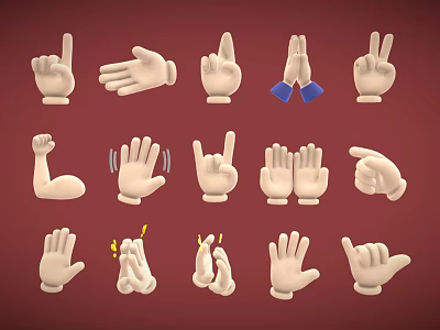Different Hand Gestures Collection With Various Poses And Expressions On Red Background 3d model