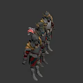 Shiny Metallic Knight Armors Lined Up With Red Feather Cross Symbol And Golden Accents