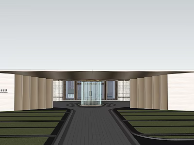 Grand Modern Entrance Gate With Glass Doors And Symmetrical Lawn Driveway 3d model