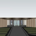 Grand Modern Entrance Gate With Glass Doors And Symmetrical Lawn Driveway