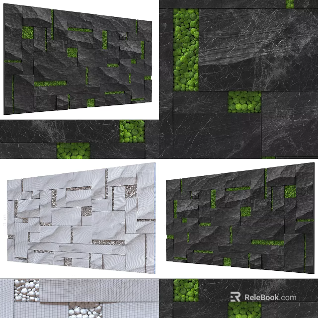 Black And White Textured Interior Wall Design With Green Decorative Accents 3d model 