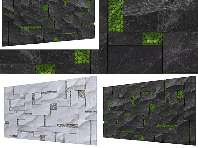 Black And White Textured Interior Wall Design With Green Decorative Accents 3d model