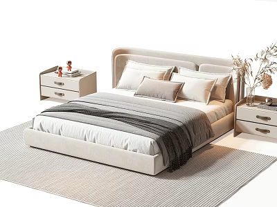 Modern Beige Double Bed With Pillows Blanket And Nightstands On Rug 3d model